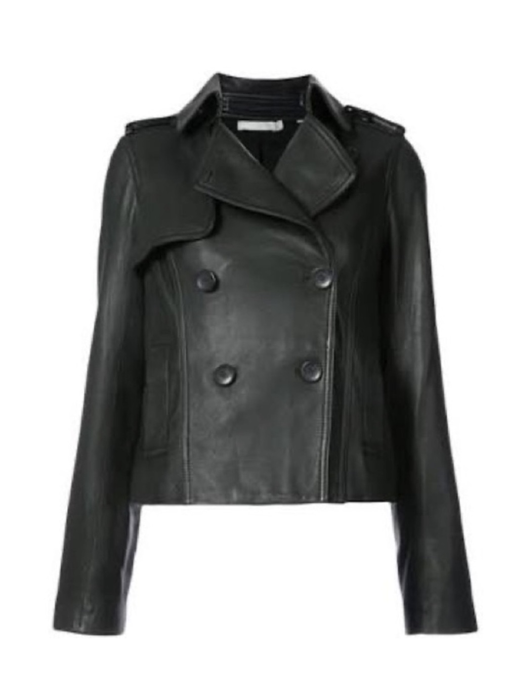 Vince Black Double-Breasted Cropped Leather Trench Jacket
